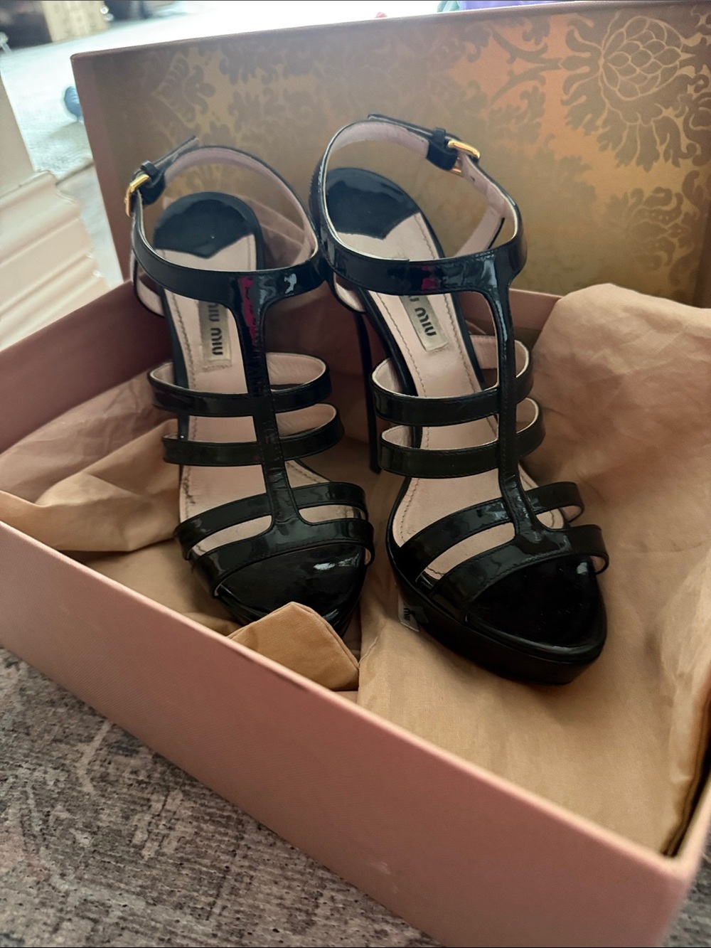 Miu Miu Black Patent Leather Strappy T‑Bar Platform Heels